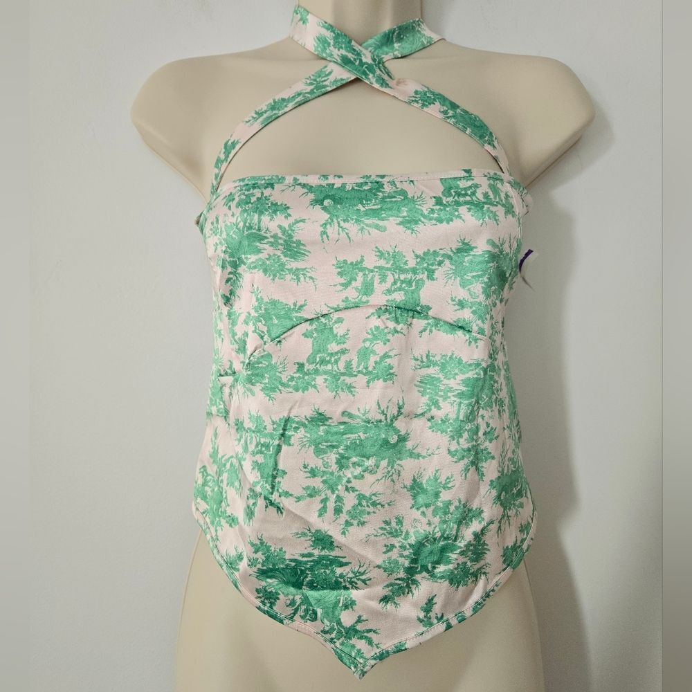 Asos Design Stretch Satin Top With Scarf Hem and Cross Halter Neck